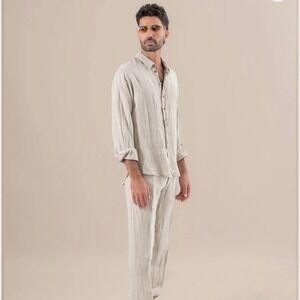 La Bottega di Brunello Linen Button Up Shirt Mens Large Tan Long Sleeve